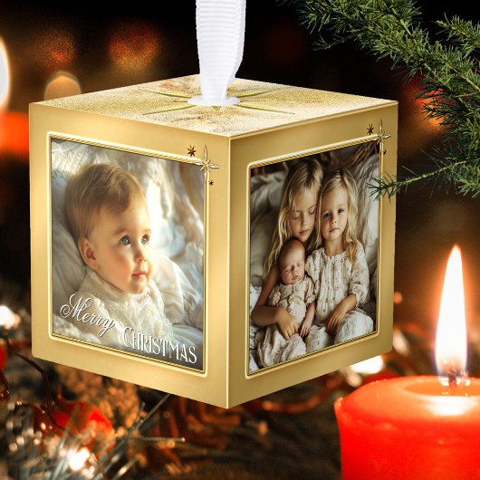 Baby Eerste Kerst Gouden Ster Foto Kubus Ornament