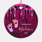 Baby eerste kerst heet roze zwart glitter druppel keramisch ornament (Voorkant)