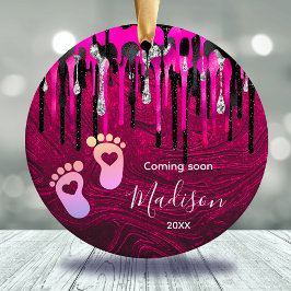Baby eerste kerst heet roze zwart glitter druppel keramisch ornament
