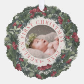 Baby eerste kerst krans rood vakantie foto ornament kaart (Voorkant)