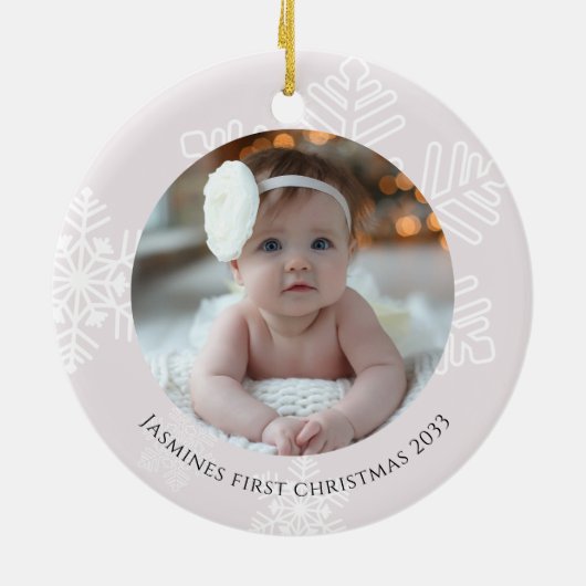 Baby Eerste Kerst moderne sneeuwvlokken Foto Keramisch Ornament (Achterkant)