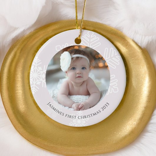 Baby Eerste Kerst moderne sneeuwvlokken Foto Keramisch Ornament