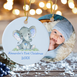 Baby Eerste Kerst Olifant Blauwe FOTO Keramisch Ornament