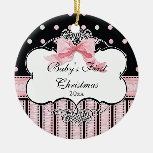 Baby Eerste kerst Ornament - Franse Bow Swirl (Voorkant)