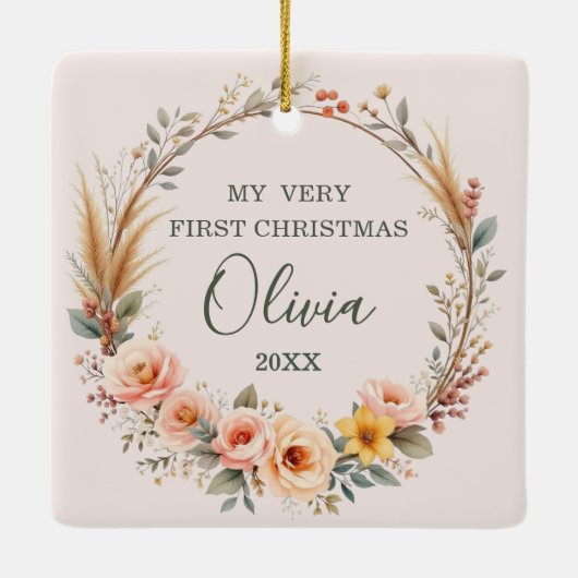 Baby Eerste Kerst Pampas Grass Wildflower Boho Keramisch Ornament (Achterkant)