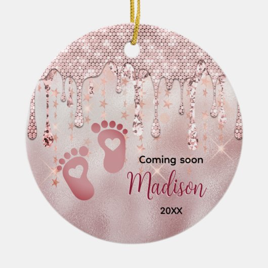 Baby eerste Kerst roos blush glitter druppels Keramisch Ornament (Voorkant)