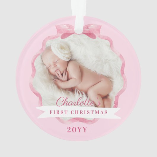 Baby Eerste Kerst Roze Lint & Boog Ornament (achterkant)
