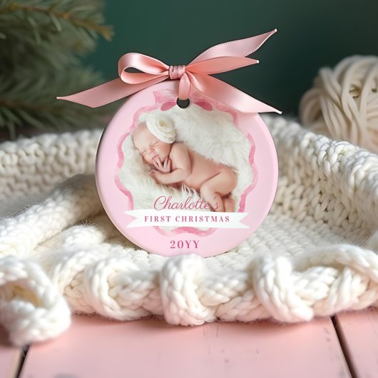 Baby Eerste Kerst Roze Lint & Boog Ornament