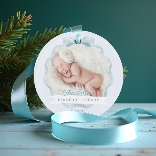 Baby Eerste Kerst Waterverf Blue Ribbon & Bow Ornament