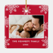 Baby Eerste Kerst Witte Sneeuwvlokken 2 Foto Rood Keramisch Ornament (Achterkant)