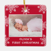 Baby Eerste Kerst Witte Sneeuwvlokken 2 Foto Rood Keramisch Ornament (Voorkant)