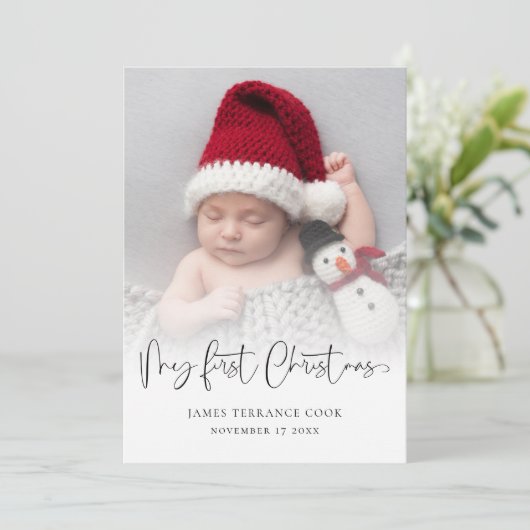 Baby eerste kerstbevalling Datum foto-overlay Hol Feestdagenkaart (Staand voorkant)