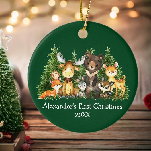 Baby eerste kerstboomdieren groene ronde keramisch ornament