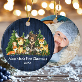 Baby Eerste Kerstbos Dieren Blauwe FOTO Keramisch Ornament