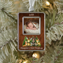 Baby eerste kerstbos Dieren Foto Rustic Verzilverd Omlijst Ornament
