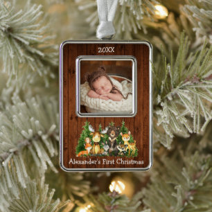 Baby eerste kerstbos Dieren Foto Rustic Verzilverd Omlijst Ornament