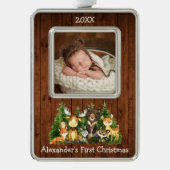 Baby eerste kerstbos Dieren Foto Rustic Verzilverd Omlijst Ornament (Voorkant)
