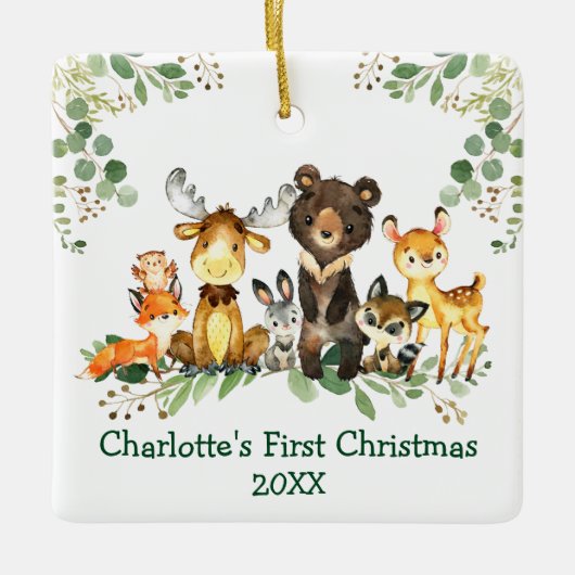 Baby eerste kerstbos Dieren Greenery Keramisch Ornament (Voorkant)