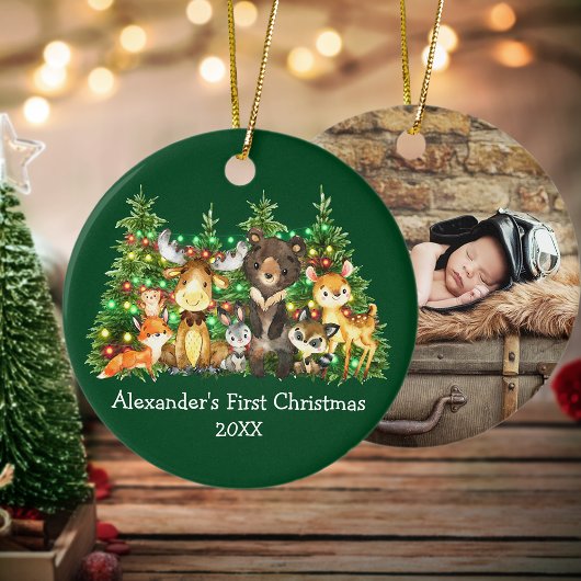 Baby Eerste Kerstbos Dieren Groene FOTO Keramisch Ornament