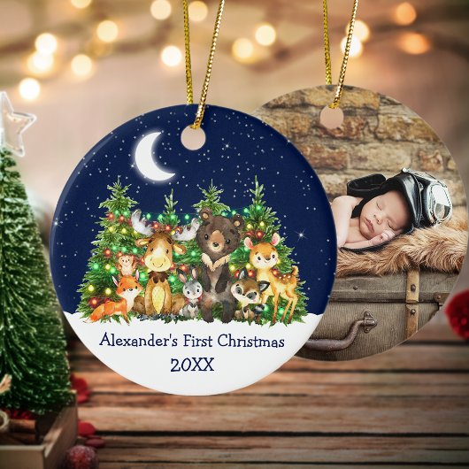 Baby Eerste Kerstbos Dieren Lichten FOTO Keramisch Ornament