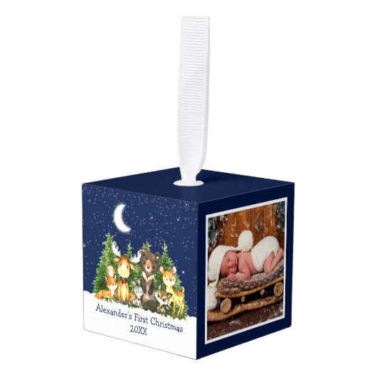 Baby eerste kerstbosdieren Blauwe foto Decoratie (Voorkant hoekig)