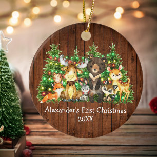 Baby eerste kerstbosdieren bomen lichten keramisch ornament