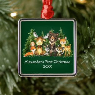 Baby eerste kerstbosdieren groen metalen ornament