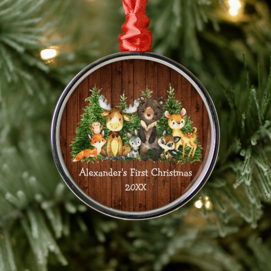 Baby eerste kerstbosdieren Rustige Ronde Metalen Ornament (Boom)