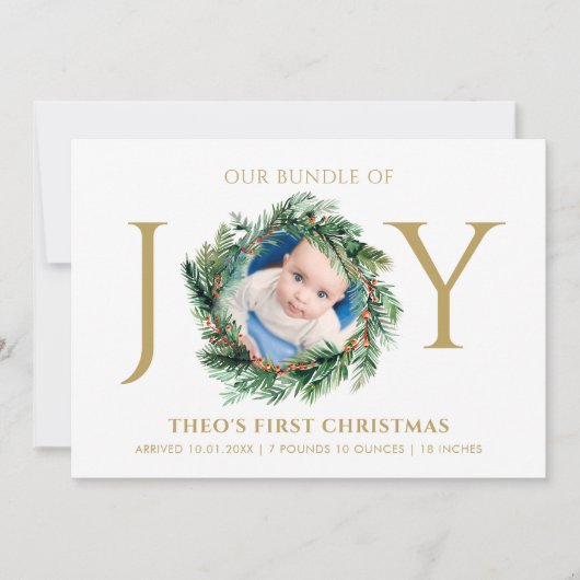 Baby Eerste kerstbundel van Joy Floral Gold Feestdagenkaart (Voorkant)
