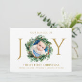 Baby Eerste kerstbundel van Joy Floral Gold Feestdagenkaart (Staand voorkant)