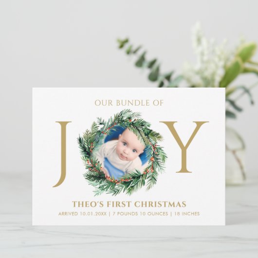 Baby Eerste kerstbundel van Joy Floral Gold Feestdagenkaart (Staand voorkant)