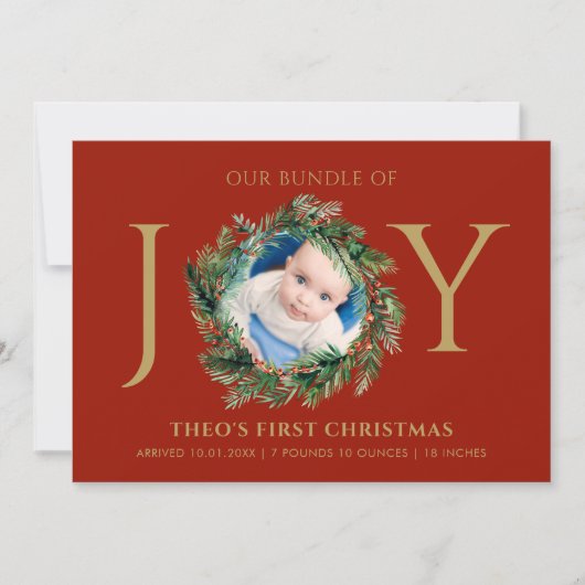 Baby Eerste kerstbundel van Joy Red Floral Gold Feestdagenkaart (Voorkant)