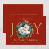 Baby Eerste kerstbundel van Joy Red Floral Gold Feestdagenkaart (Voorkant / Achterkant)