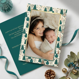 Baby Eerste Kerstd Boom Kader Foto Teal & Goud Folie Feestdagenkaart