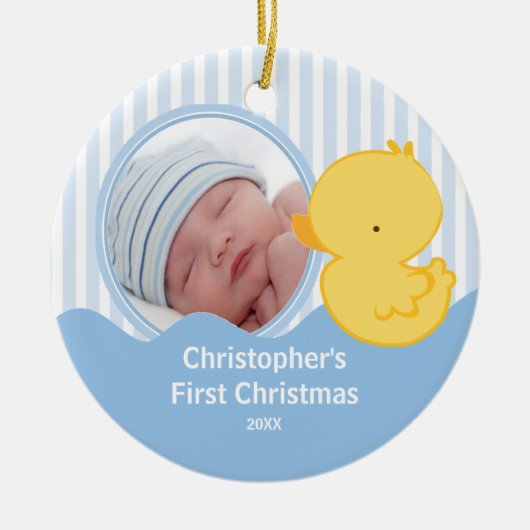 Baby Eerste Kerstdag Foto Ornament Eend Jongen (Voorkant)