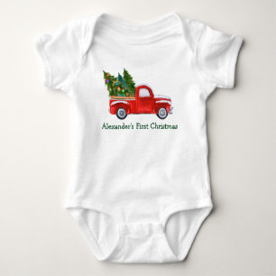 Baby eerste kerstdag rode vrachtwagen groene naam romper