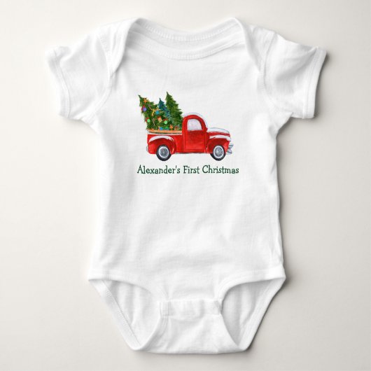 Baby eerste kerstdag rode vrachtwagen groene naam romper (Voorkant)
