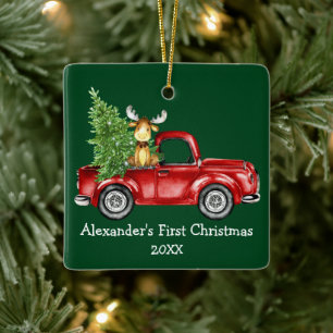 Baby Eerste Kerstdag Rode Vrachtwagen Moose Green Keramisch Ornament