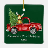 Baby Eerste Kerstdag Rode Vrachtwagen Moose Green Keramisch Ornament (Achterkant)