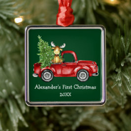 Baby Eerste Kerstdag Rode Vrachtwagen Moose Green Metalen Ornament