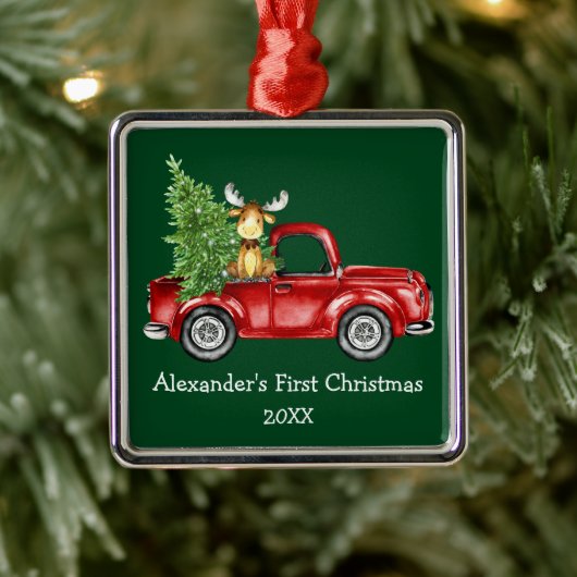Baby Eerste Kerstdag Rode Vrachtwagen Moose Green Metalen Ornament (Boom)