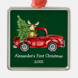 Baby Eerste Kerstdag Rode Vrachtwagen Moose Green Metalen Ornament