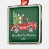 Baby Eerste Kerstdag Rode Vrachtwagen Moose Green Metalen Ornament (Links)