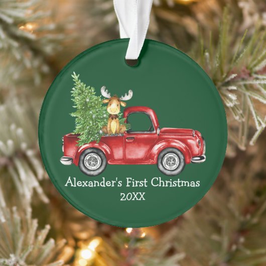 Baby Eerste Kerstdag Rode Vrachtwagen Moose Green Ornament (Boom)