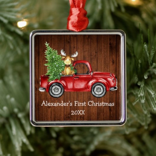 Baby Eerste Kerstdag Rode Vrachtwagen Moose Rustic Metalen Ornament (Boom)