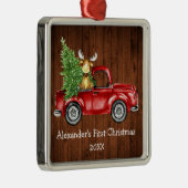 Baby Eerste Kerstdag Rode Vrachtwagen Moose Rustic Metalen Ornament (Rechts)
