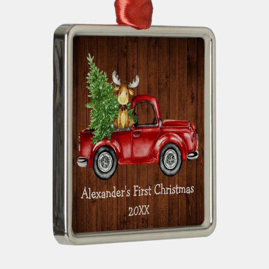 Baby Eerste Kerstdag Rode Vrachtwagen Moose Rustic Metalen Ornament (Rechts)