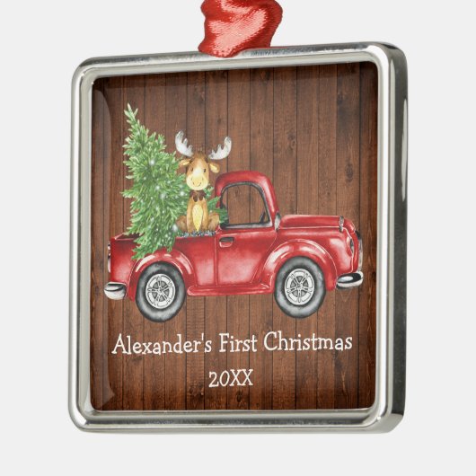 Baby Eerste Kerstdag Rode Vrachtwagen Moose Rustic Metalen Ornament (Links)