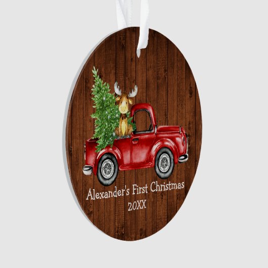 Baby Eerste Kerstdag Rode Vrachtwagen Moose Rustic Ornament (voorkant)
