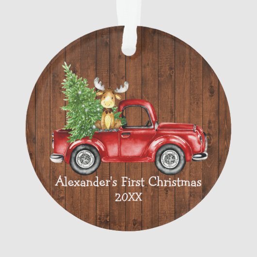 Baby Eerste Kerstdag Rode Vrachtwagen Moose Rustic Ornament (achterkant)